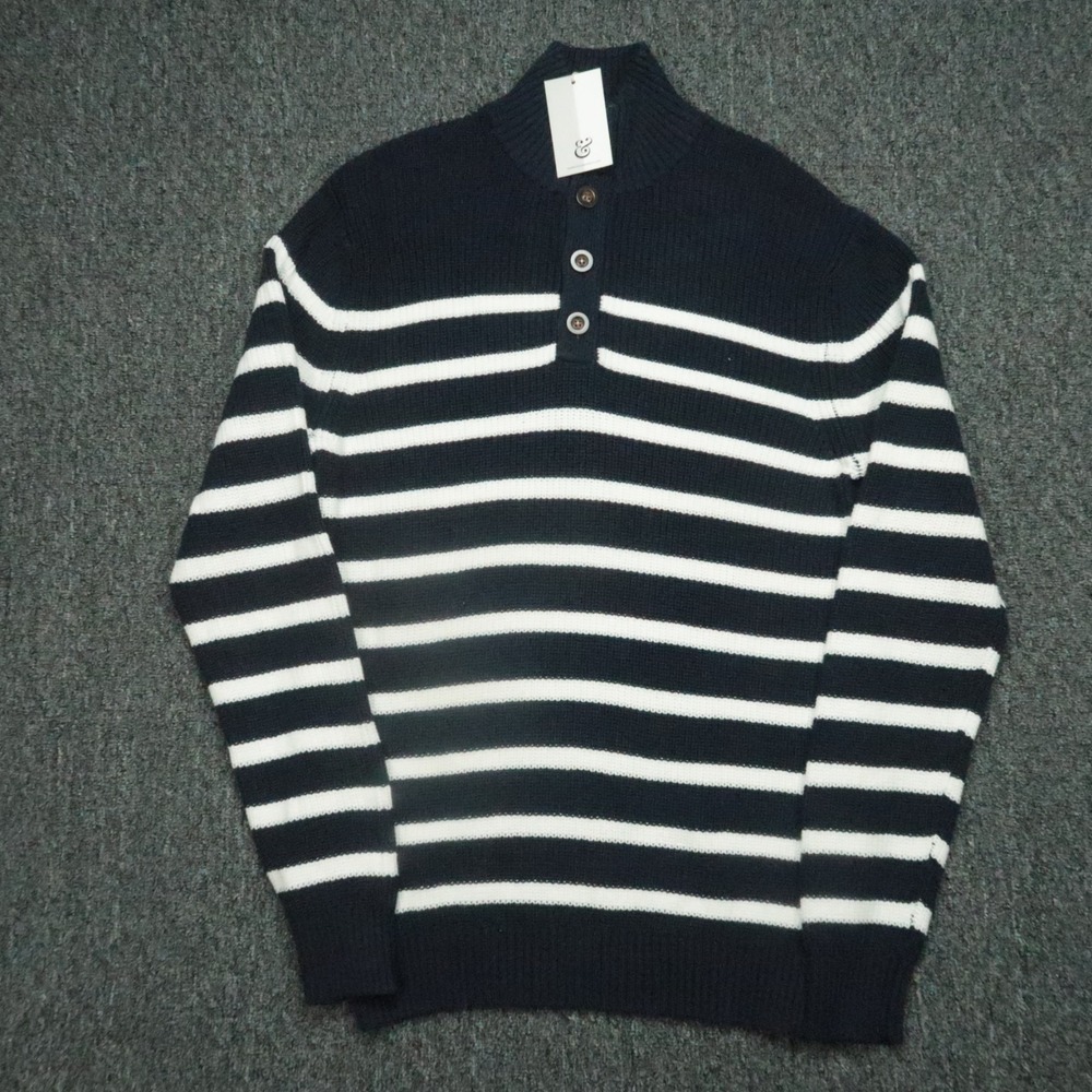 Collars & Co Sweater Men Medium Blue White Striped Mockneck Pullover Old Money‎